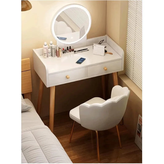 Vanity Desk with Round Mirror and Lights, with Drawers
