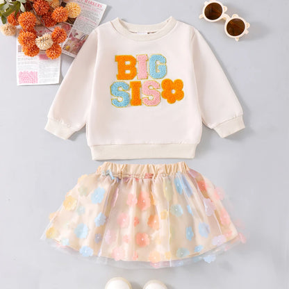 0 MO-5Y Kids Girls Skirt Set, Long Sleeve Embroidery Letters Sweatshirt with Flower Tulle Skirt 2-piece Outfit