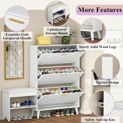 Shoe Cabinet w/3 Flip Drawers & Bench