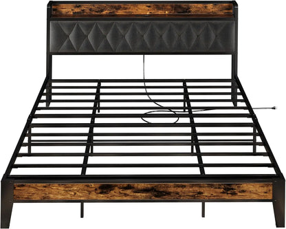 Twin/TwinXL/Full/Queen/King/CaliforniaKing Bed Frames, Storage Headboard with Outlets, No Noise, No Box Springs Needed