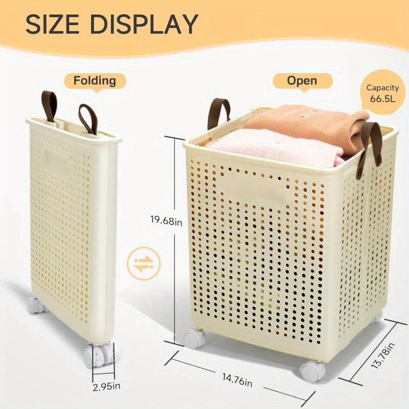 66.5L Foldable Laundry Basket with Wheels - XL Collapsible Storage Bin for Clothes, Toys, Bathroom