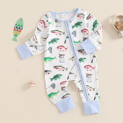 0-12MO Baby Boys Autumn Casual Romper, Long Sleeve Crew Neck, Fish Print, Oblique Zipper Jumpsuit