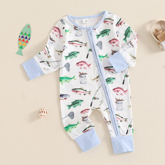 0-12MO Baby Boys Autumn Casual Romper, Long Sleeve Crew Neck, Fish Print, Oblique Zipper Jumpsuit