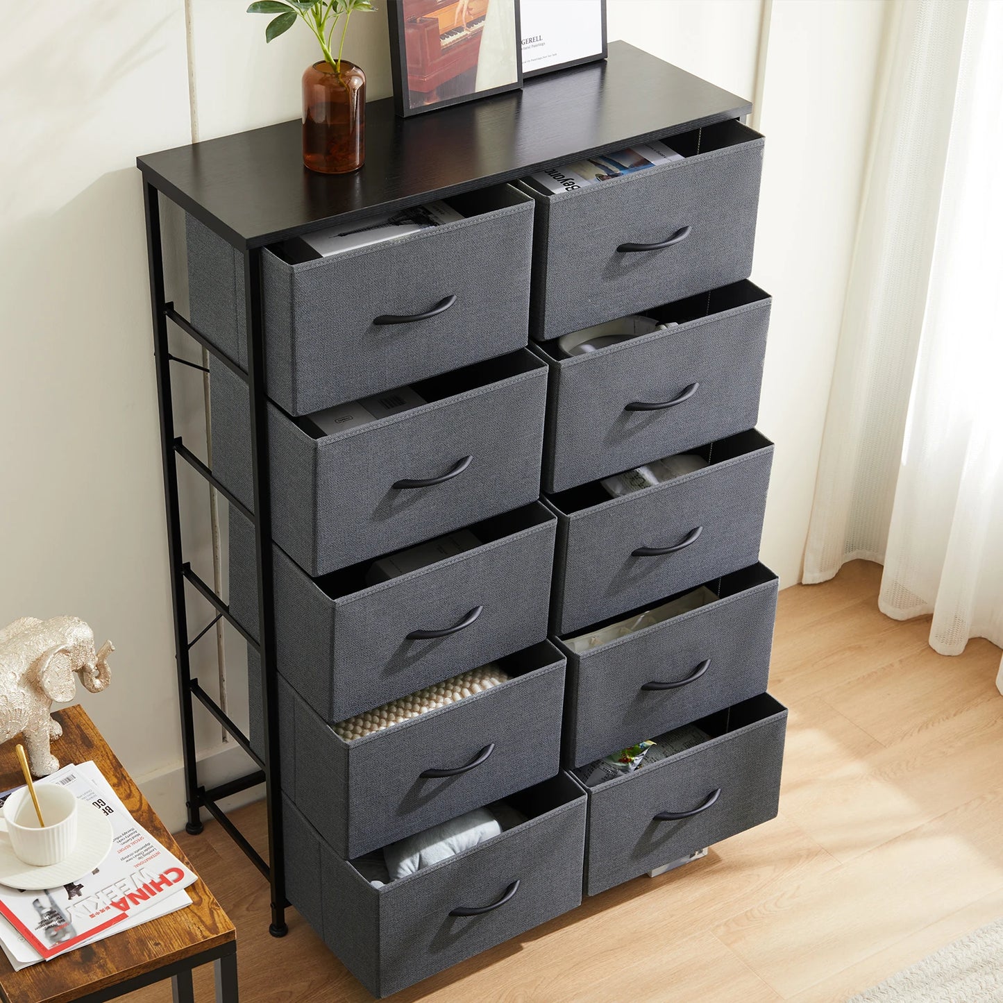 Bedside Table With 10 Fabric Drawers, Steel Frame
