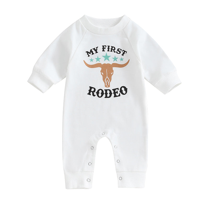 0-12M Newborn Baby Boy Sweatshirt Rompers-Bull Head Letter Print, Long Sleeve Jumpsuit