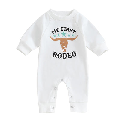 0-12M Newborn Baby Boy Sweatshirt Rompers-Bull Head Letter Print, Long Sleeve Jumpsuit