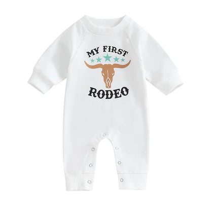 0-12M Newborn Baby Boy Sweatshirt Rompers-Bull Head Letter Print, Long Sleeve Jumpsuit