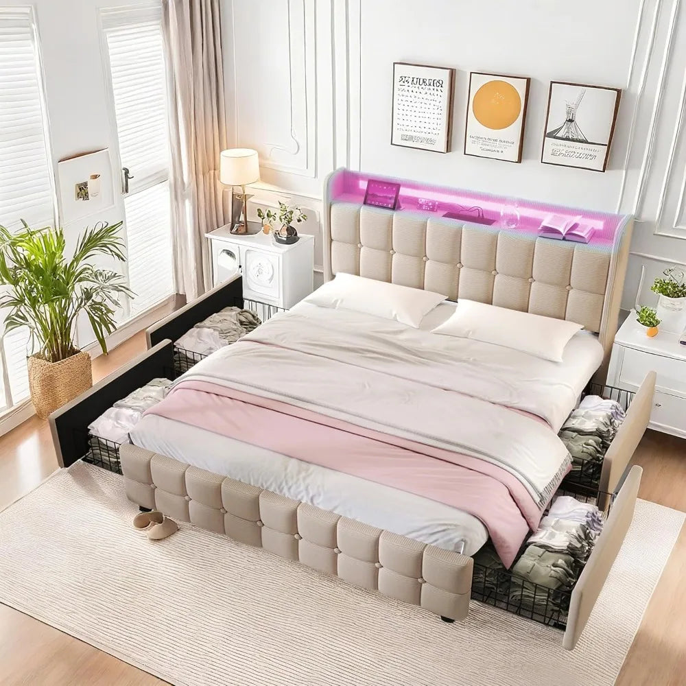 Multiple Color LED Bed Frame with Charging Station, Featuring 2-Tier Headboard, 4 Storage drawers
