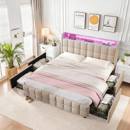 Multiple Color LED Bed Frame with Charging Station, Featuring 2-Tier Headboard, 4 Storage drawers