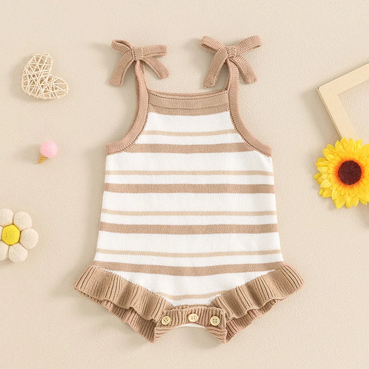 0-18M Cute Baby Girls Summer Romper, Sleeveless Bow Strap, Ruffle