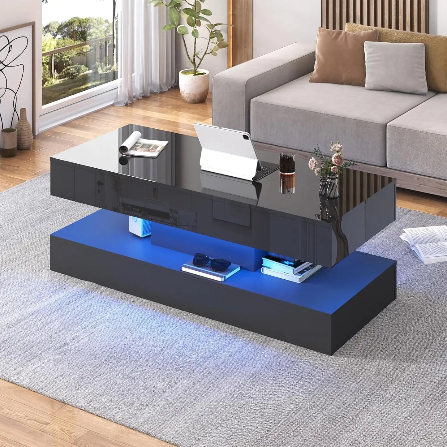 Modern Stylish Coffee Table with 2 Storage Drawers and LED lights