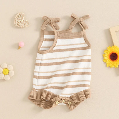 0-18M Cute Baby Girls Summer Romper, Sleeveless Bow Strap, Ruffle