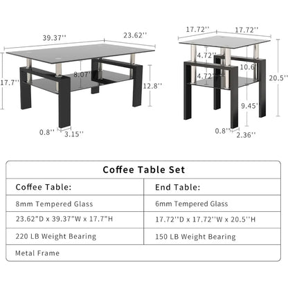 3 Piece Black Glass Table Set, Including 1 Coffee Table and 2 End Side Tables