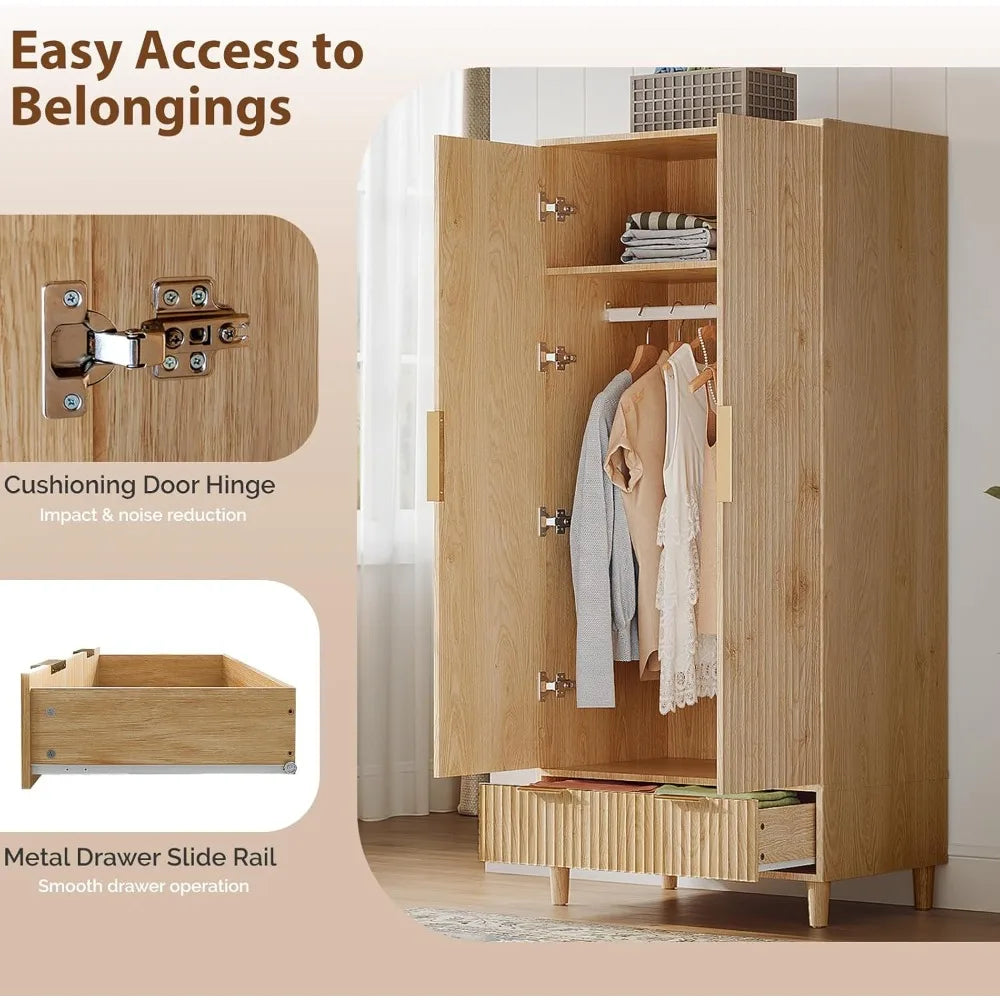 Wardrobe Armoire with Doors And Drawers, with Hanging Rack, Oak