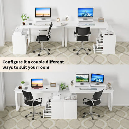 L Shaped Desk with Drawers and Shelves, 55"