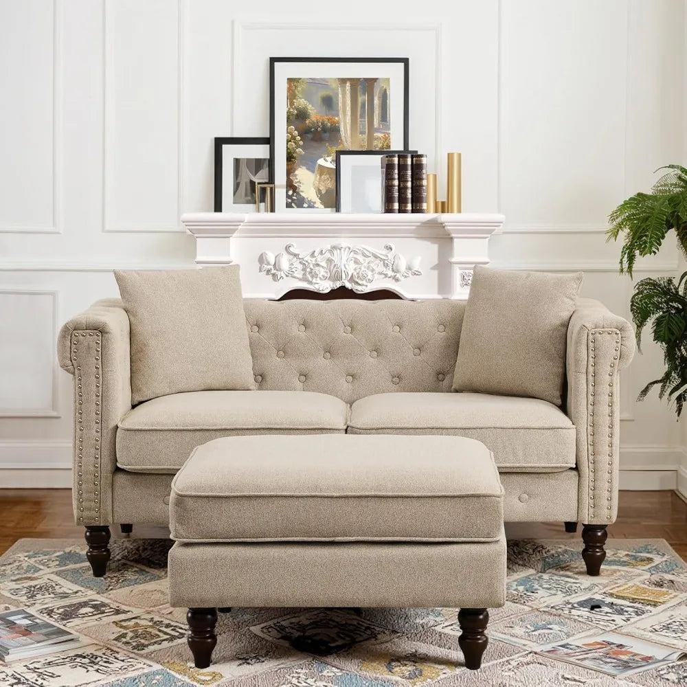 62" Tufted Linen Loveseat with Gourd Wooden Legs, Nailhead Trim and Flared Arms,