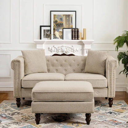 62" Tufted Linen Loveseat with Gourd Wooden Legs, Nailhead Trim and Flared Arms,