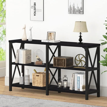 Modern Rustic 3 Tier Industrial Metal Wood Entry Table with Storage Shelves,