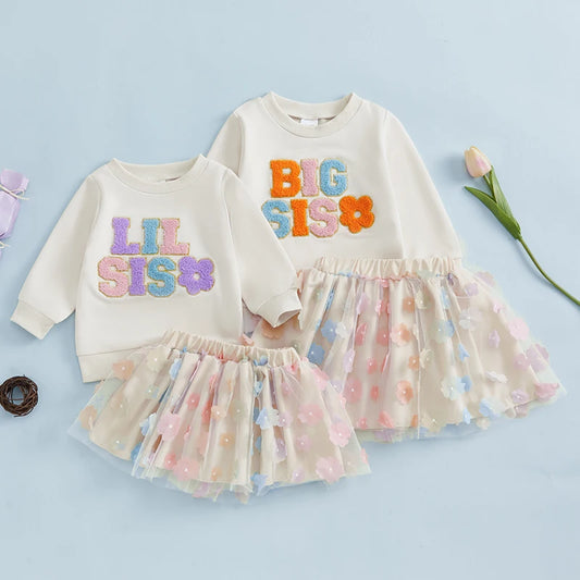 0 MO-5Y Kids Girls Skirt Set, Long Sleeve Embroidery Letters Sweatshirt with Flower Tulle Skirt 2-piece Outfit