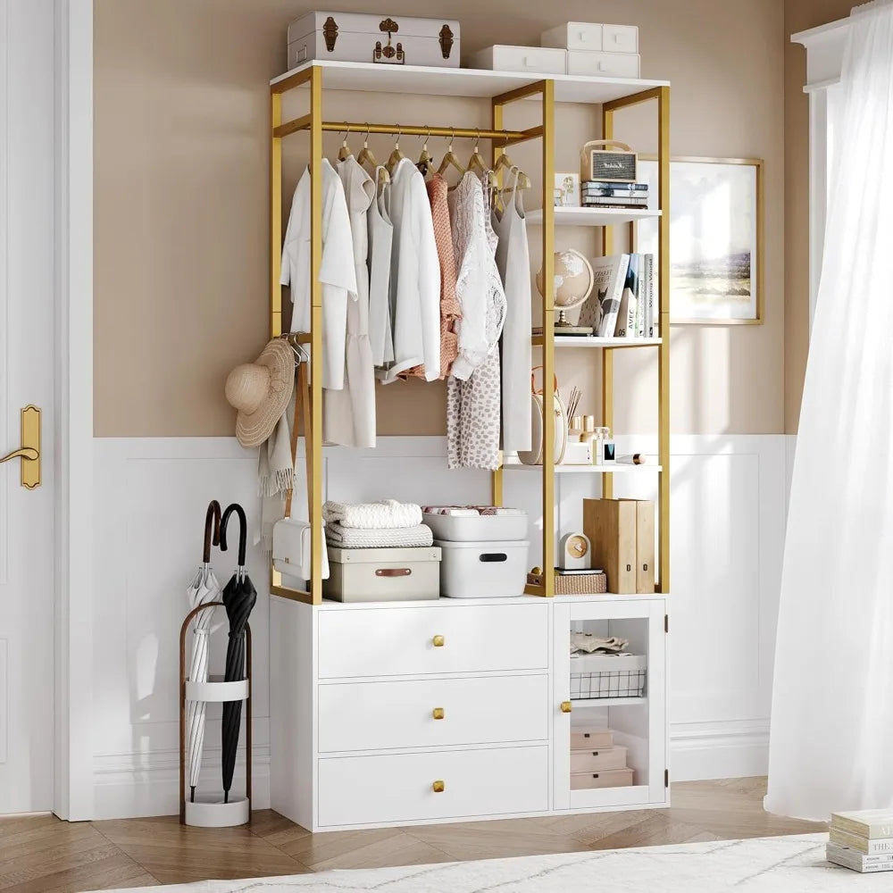 2 pcs Closet Organizer System, Wardrobe Closet with 3 Wooden Drawers, Clothes Rack with Hanging Rods and 4 Tiers Shelves