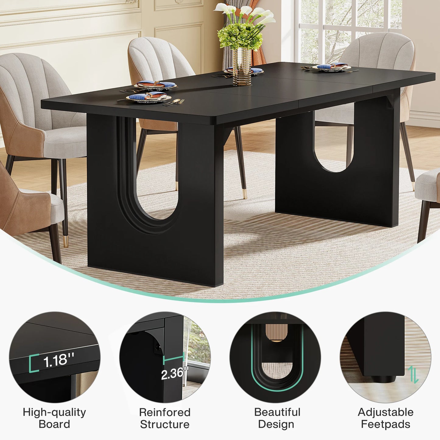 71" Large Kitchen Dining Table with Wood Pedestal Base, Seats 6-8
