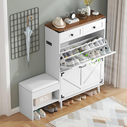 Shoe Storage Cabinet with Bench and Deodorizing Function with 2 Flip Drawers