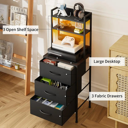 LED side table with U-S-B ports and sockets for charging piles, 3 drawers