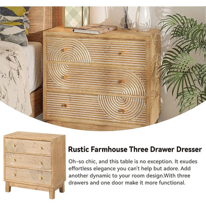 Set of 2 3-Drawer Fully Assembled Nightstands with Handicraft Wood Ring Motif
