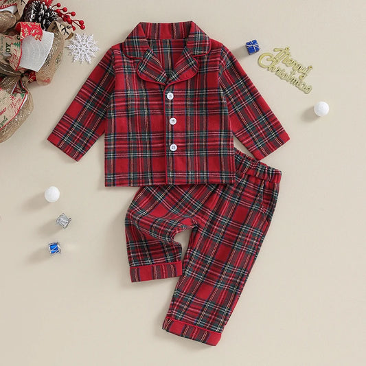 6M-4Y Kids Christmas Pajamas Set, Plaid Button up Long Sleeve Shirt and Elastic Pants Sleepwear