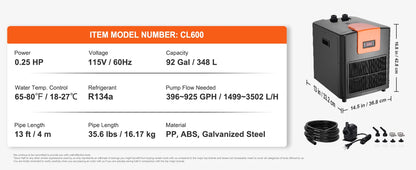 VEVOR Aquarium Chiller 0.25/0.33/0.1/1.5HP Hydroponic Water Chiller Quiet Refrigeration Compressor for Fresh Water Fish Tank