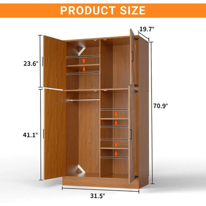 71'' Farmhouse Wardrobe Closet with Hanging Rod, 4 Barn Door Storage Adjustable Shelves