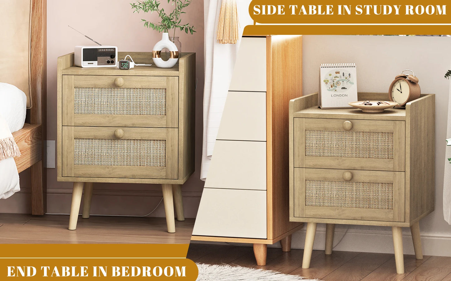 Rattan Nightstand with Charging Station, with 2 Drawers, Natural