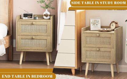 Rattan Nightstand with Charging Station, with 2 Drawers, Natural