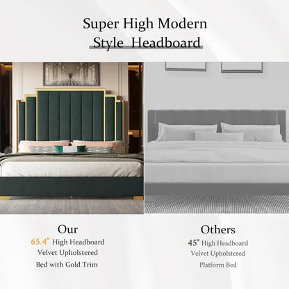 65" Velvet Upholstered King Size Platform Bed Frame with Gold Trim Headboard/Wooden Slats/No Box Spring Needed/Green