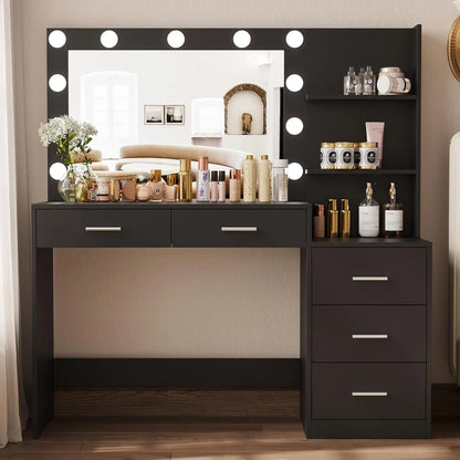 46.7" Large Vanity Desk with Lighted Mirror, Shelf & 5 Drawers