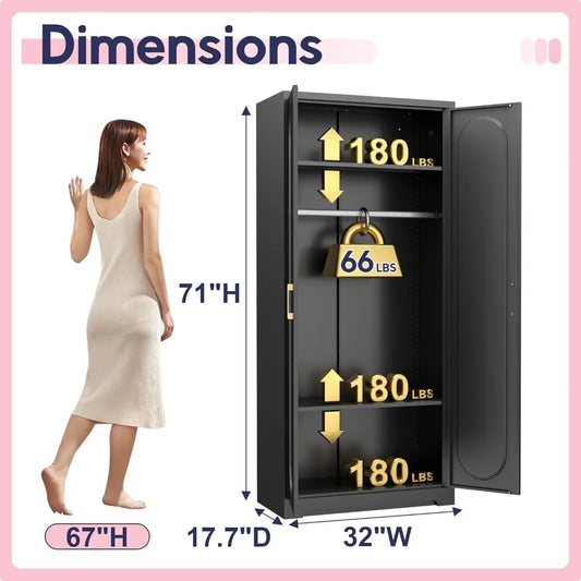 71'' Wardrobe Cabinet w/Doors & Hanging Rod, Metal Closet with 2 Adjustable Shelves