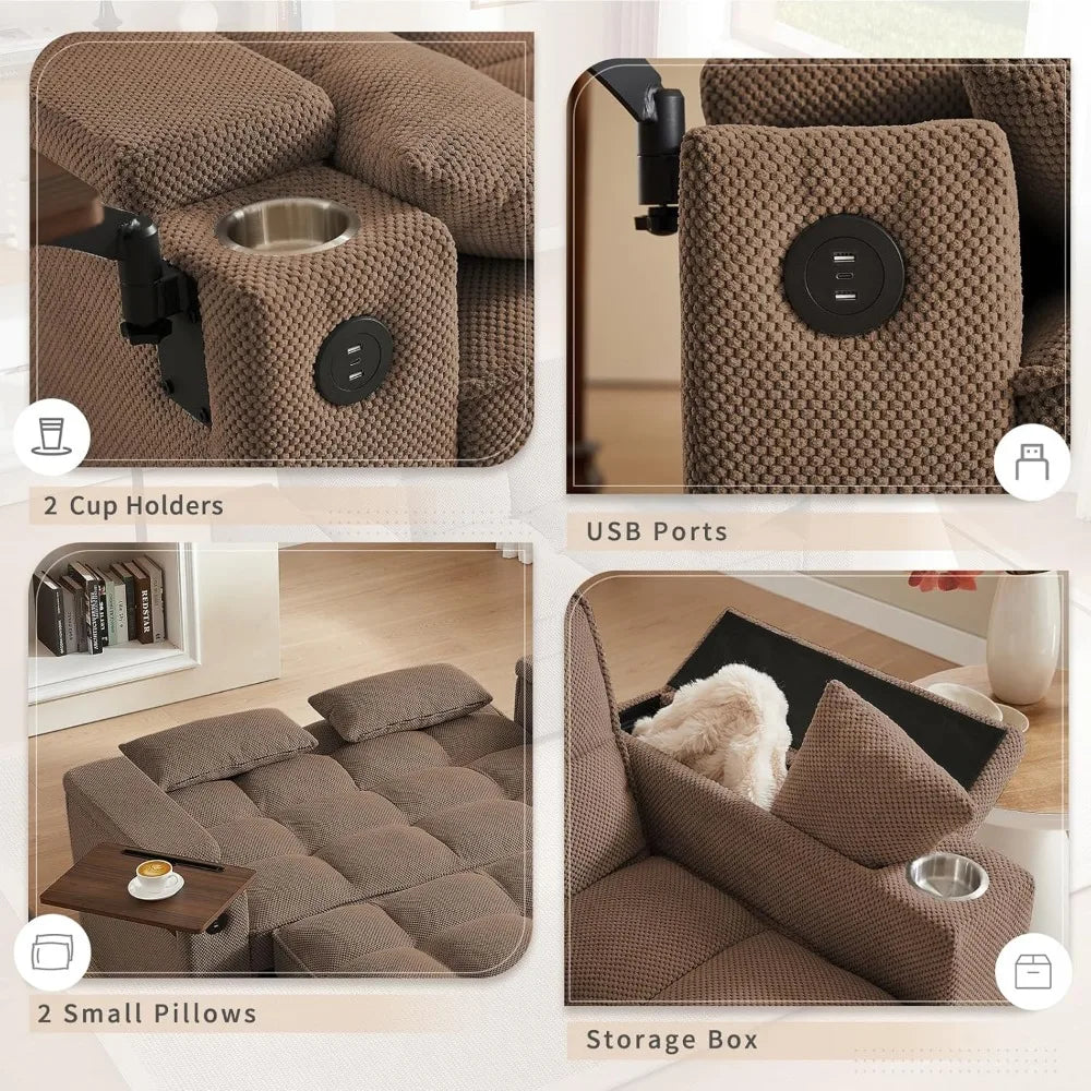 65'' 3-in-1 Queen Size Pullout Sofa, Modern Chenille Fabric, 360° Swivel Side Table