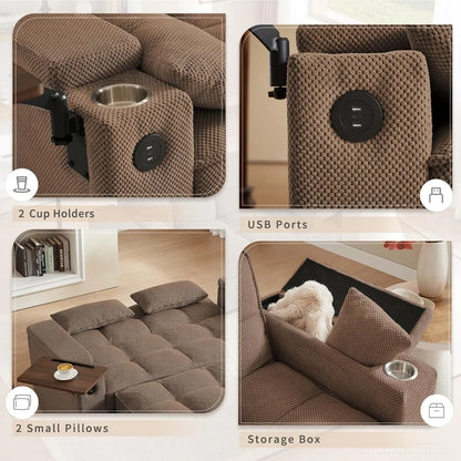 65'' 3-in-1 Queen Size Pullout Sofa, Modern Chenille Fabric, 360° Swivel Side Table