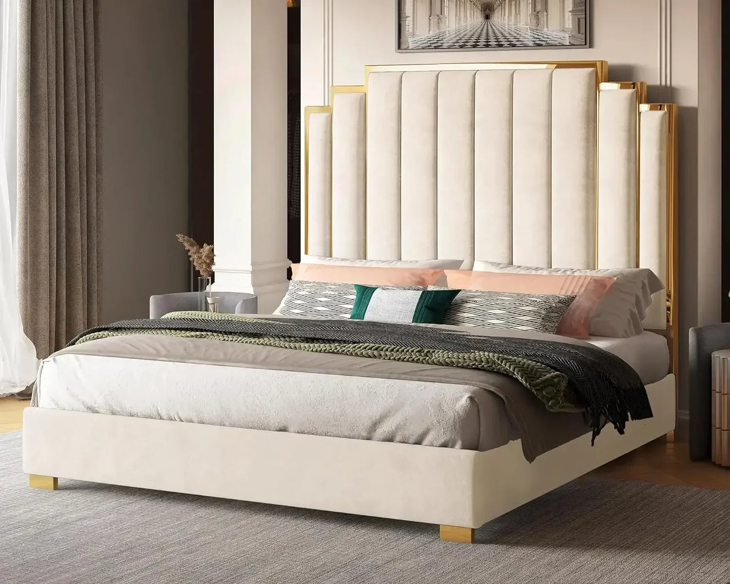 65" Velvet Upholstered King Size Platform Bed Frame with Gold Trim Headboard/Wooden Slats/No Box Spring Needed/Green
