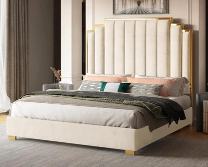65" Velvet Upholstered King Size Platform Bed Frame with Gold Trim Headboard/Wooden Slats/No Box Spring Needed/Green