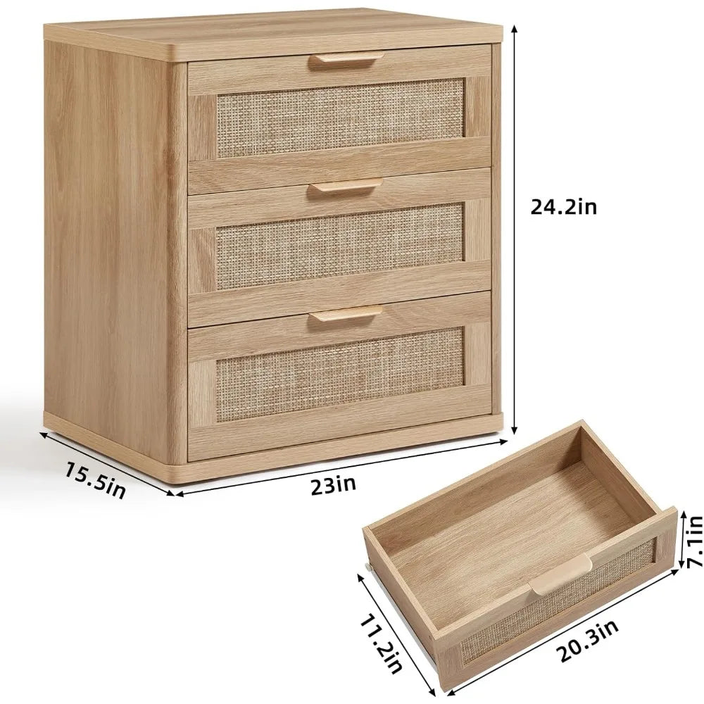 Set of 2, 23" Large 3 Drawer Sidestand, Natural Wood