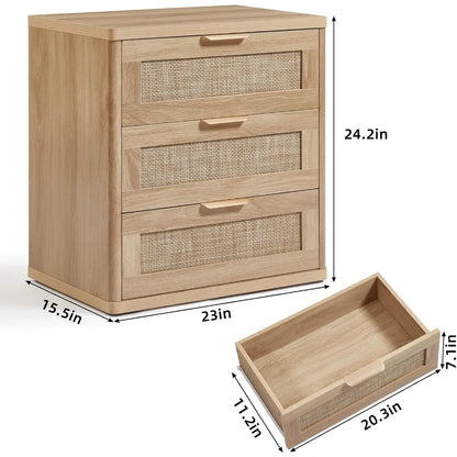 Set of 2, 23" Large 3 Drawer Sidestand, Natural Wood