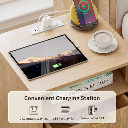 18" Side stand with Charging Station, Storage Drawers-Natural Oak