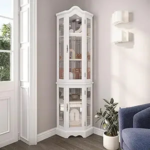 Lighted 3-Side Glass Display Curio Cabinet w/ Tempered Glass Doors and Shelves