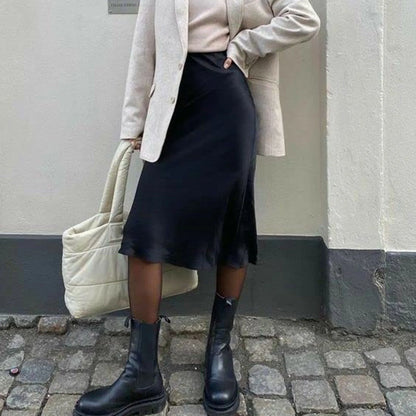 Womens Elegant Satin Skirt, High Waist, Midi Length, Satin Silk, Solid Color Office Work Skirts