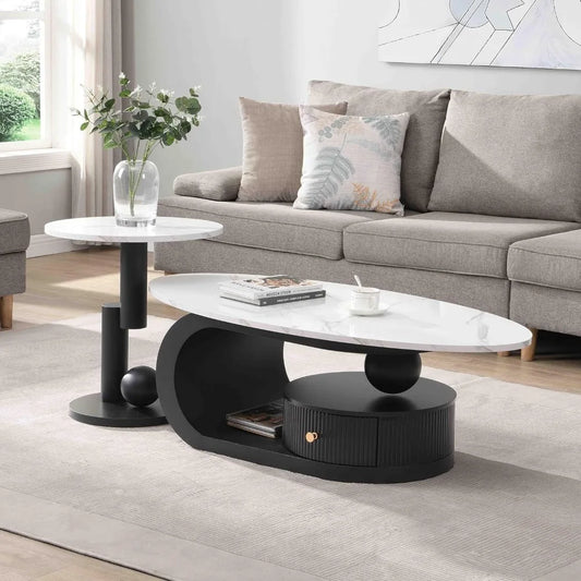 2-Piece Modern Oval Decorative Coffee Center Table with White Faux Marble Top