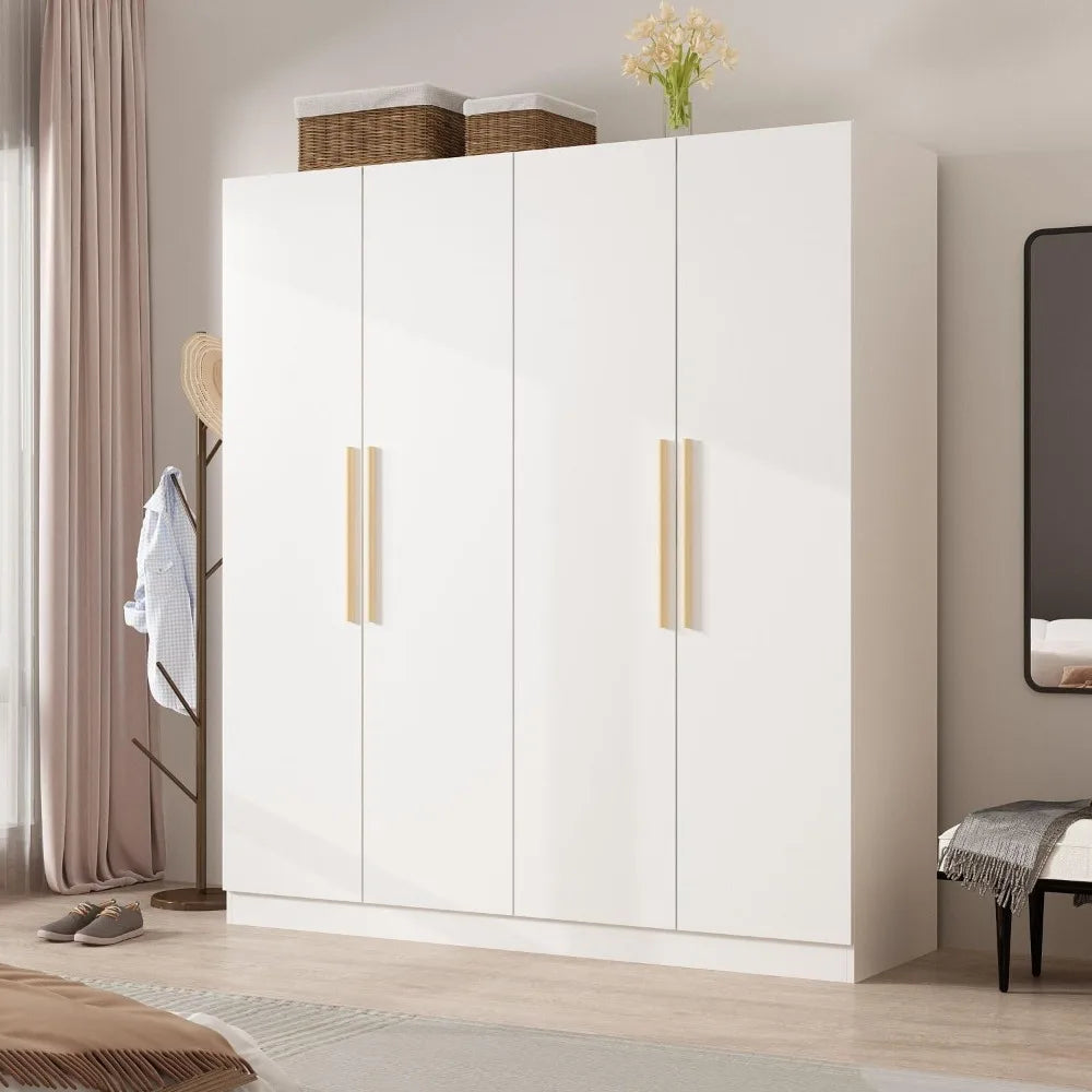 4 Door Wardrobe Armoires w/Storage Shelves, w/Hanging Rod, Wooden Handles