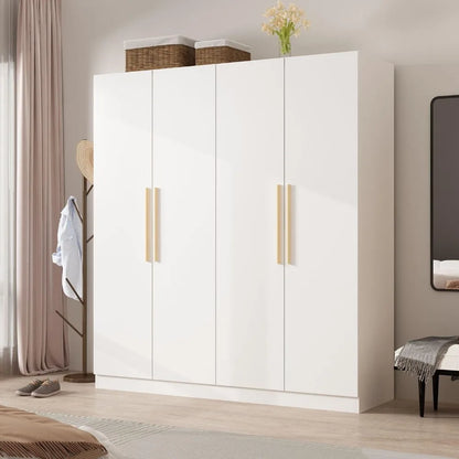 4 Door Wardrobe Armoires w/Storage Shelves, w/Hanging Rod, Wooden Handles