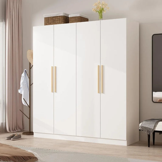 4 Door Wardrobe Armoires w/Storage Shelves, w/Hanging Rod, Wooden Handles