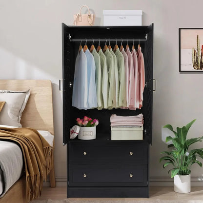 Armoire Wardrobe Closet with 2 Woven Doors, Wardrobe Cabinet with 2 Storage Drawers